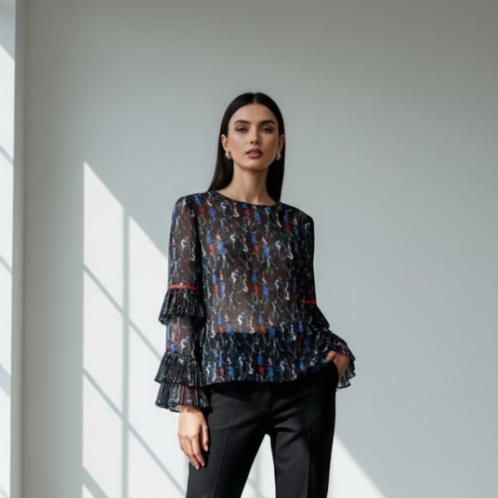 Seahorse print silk Sheer Ruffle Sleeve Top - Multicolor